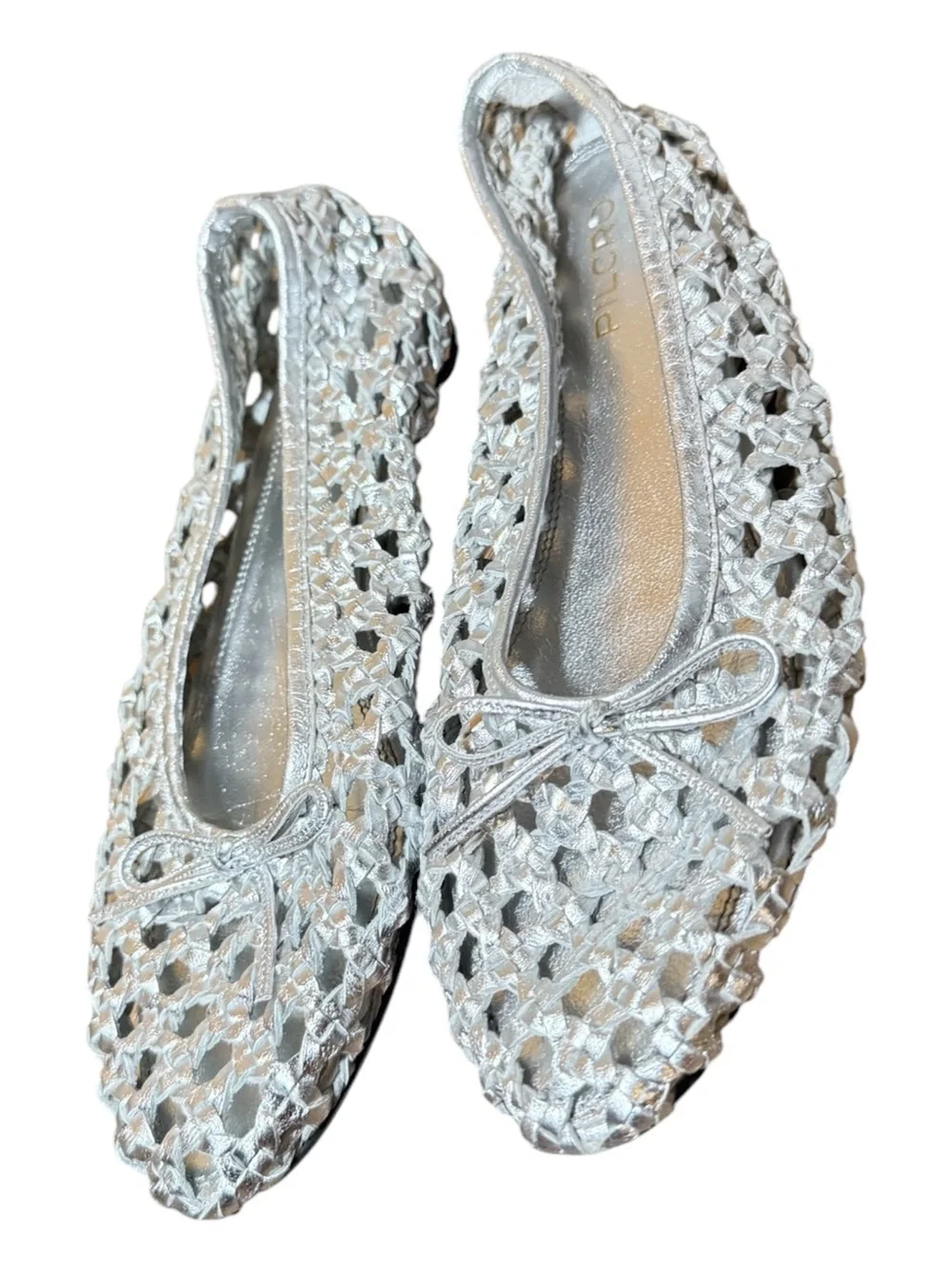 Anthropologie Pilcro Woven Ballet Flat Silver Metallic Leather Bow
